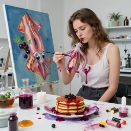sensual, a female art student in her laboratory, squid, berry juice drips, pancakes, silk, juice, honey, a painting of bacon, berries, houseplants in scientific glassware, art supplies, white candles, neo - expressionism, surrealism, acrylic and spray paint and oilstick on canvas