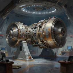 a beautiful sci - fi painting of a warp drive engine room, starship mechanical room and workshop by tyler edlin, trending on artstation