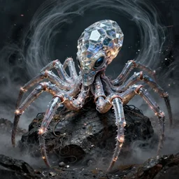 concept art of an alien cybernetic spider octopus made of silica crystal and full of glowing translucent cables, on a dark rock background, surrounded by spirals of fog, grimy, gritty, trending on artstation, award winning painting, close portrait, cgi, art by h. p. lovecraft and ramsey campbell
