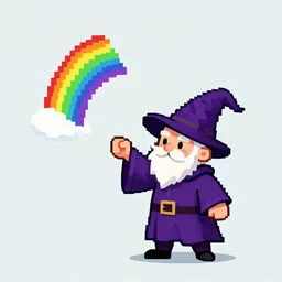 A weirdo little wizard guy barfing a rainbow, pixel art