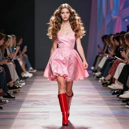 a model walking the runway in a pink dress and red boots Designed by Pipilotti Rist, digital art