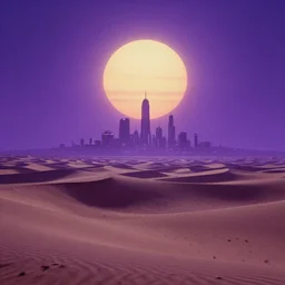 Sci-fi landscape of a desert with two suns suns in the sky and futuristic city in the background, purple color-theme, cinematic, science-fiction art wallpaper, stunning digital art