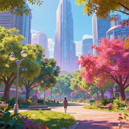 3 0 0 1 hovering illuminating cyberpunk park with vibrant trees in a cyberpunk metropolis optimistic colorful spectral sunny clear day parks trees flowers [ futurist street lamps ] clear focus [ [ cyberpunk skyscrapers ] ] [ art deco motifs ] saturated cinematic lighting fantasy scifi by ross tran greg rutkowski elegant retro futuristic artstation