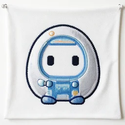 a cross - stitched tapestry of a cybernetic tamagotchi