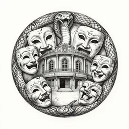 an ink drawing of an old dilapidated comedy and tragedy theater masks circled by a snake, cracked, elaborate detail, shape of a circle, circular shape