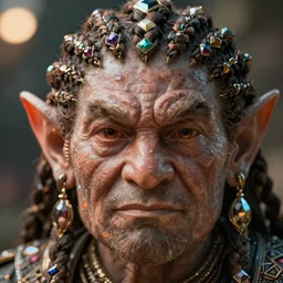 incredibly realistic, too detailed closeup face of a rich satyr dwarf with jewel braids, octane render, bump mapping, global illumination, unreal engine 5, 8 k, bokeh, d & d digital art, mark ryden, rob gonsalves