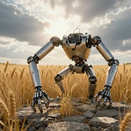 a wheat field of biomechanical arms and legs growing out of the stone ground, backlit, clouds, concept art