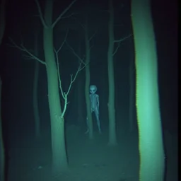 grainy surveillance photo still of an alien in the woods at night hiding in the trees of a forest