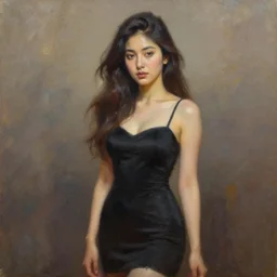 beautiful portrait painting an gorgeous delhi girl wearing a little black dress, oil painting, art by ruan jia