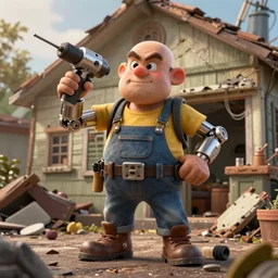 grumpy chunky bald handyman with mechanical drill arms, in a wrecked home, full body, hyperrealistic digital art masterpiece, highly detailed neo pop surrealism, jason limon kay sage hannah yata, dramatic lighting, low angle, uhd 8 k, sharp focus