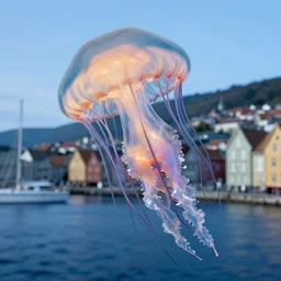 a huge jellyfish attacks bergen, realistic, hdr, clear image, hdd, rtx on, dynamic lighting,