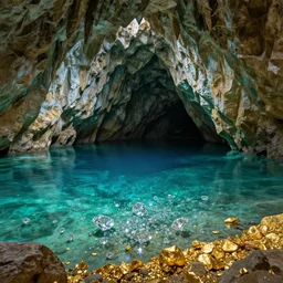 an emerald cave inside which is a transparent lake at the bottom of which are sparkling diamonds, and on the shore of the lake are gold nuggets