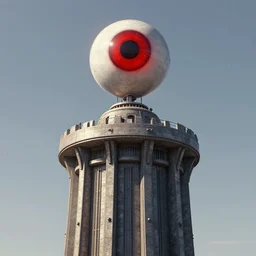 high round tower with a huge red eye of sauron floating at the top, artstation award winner, octane render, realistic