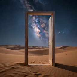 surrealist open doorway to milky way, in middle of the desert