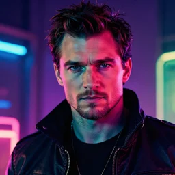 cyberpunk, neon lights, dramatic lighting, a colorful close - up studio photographic portrait of henry cavill by steve mccurry