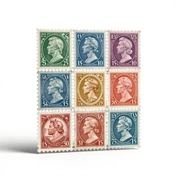 ornate postage stamps, stylized 3d render, isolated on a pure white background, centered, entire object in frame, sharp focus, soft studio lighting