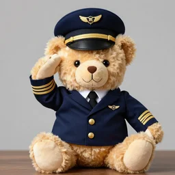 a smiling teddy saluting in a pilot's uniform