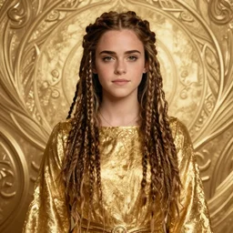 black emma watson as celtic druidess, long dreadlocks, gold cloth, shiny background, intricate, elegant, highly detailed, digital painting, artstation, concept art, smooth, sharp focus, illustration, artgerm, mucha, bouguereau