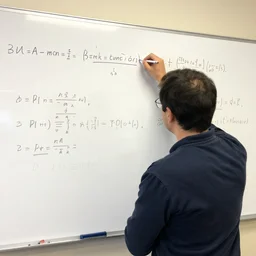 mathematician working on a formula in front of a messy white board