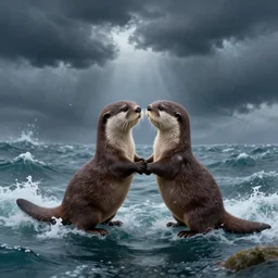 beautiful fantasy illustration of a pair of otters falling in love holding hands in a huge storm at sea cinematic dreamlike detailed trending on artstation masterpiece