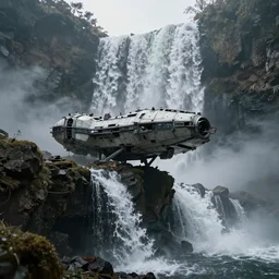 a damaged spaceship standing at the edge of a waterfall, low angle view, hyper realism, concept art, low angle, high detail, volumetric, dramatic lighting, long shadows, ominous, misty, beautiful, by maxime bibi and jordan grimmer, breathtaking scene, cinematic, 8 k