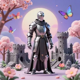 3 d render of catholic knight cybergoth, castle ruins landscape, sakura season, against a psychedelic surreal background with 3 d butterflies and 3 d flowers n the style of 1 9 9 0's cg graphics against the cloudy night sky, lsd dream emulator psx, 3 d rendered y 2 k aesthetic by ichiro tanida, 3 do magazine, wide shot