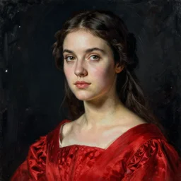 portrait of a female with a red gown, extreme fine detail background, night, highly detailed, high quality, digital painting, hyperrealistic, by jeremy mann and mark ryden and rembrandt