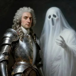 warrior guard and ghost duo, stoic, magnificent, hyperdetailed, theatrical, close up, 1 6 mm lens, from below, masterpiece, painted by jean honore fragonard and greg rutkowski and rob alexander