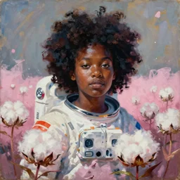 a black girl with an afrodressed like an astronaut in a field of cotton candy by chris leib, afrofuturism, tribal retroscofi, oil on canvas