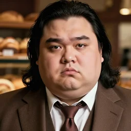 Close up portrait of a clean-shaven chubby man with long black hair wearing a brown suit and necktie with a bakery in the background. Photorealistic. Award winning. Dramatic lighting. Intricate details. UHD 8K. He looks guilty and is giving puppy dog eyes.