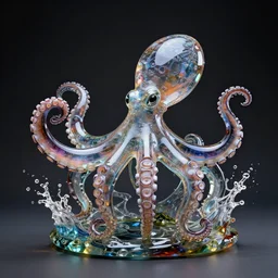 Sculpture, a octopus made of glass, intricate detail, a splash of color, a masterpiece, refracting light, pbr, dramatic, path tracing, refraction
