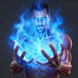 buff Walter White Hadoken a ball of blue fire, accurate anatomy, accurate hands, highly detailed, digital art,