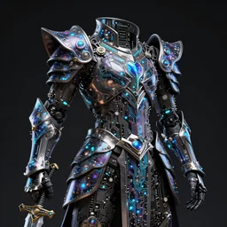 “Photorealistic render of a powerful entity wearing iridescent cosmic armor made of tiny complex circuit boards and holding a mythical sword, dark deity” - H 300 W 1024