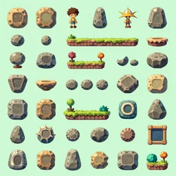 a kitbash set of stones and floor assets in a  action platform spritesheet game assets. Style of   Ori and the blind forest, SOTN, wonder boy, side scroller game, dead cells, hollow knight.   separated modular  plataforms, kit bashing, 4K, Retrofuturism, Studio Ghibli, Simon Stålenhag