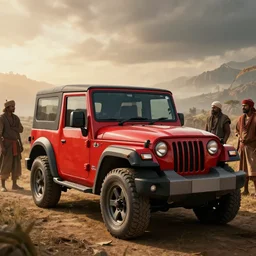 red Mahindra thar, tribe members watching nearby, an epic fantasy, dramatic lighting, cinematic, establishing shot, extremely high detail, photorealistic, cinematic lighting, artstation, horizon forbidden west