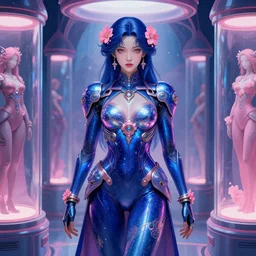porttait of a beautiful celestial Hawaiian pearlescent rgb Goddess wearing a futuristic lush Japanese battlesuit exposed in cryo chambers by James Jean, royal blue and pink theme, intricate, elegant, highly detailed, centered, digital painting, artstation, concept art, smooth, sharp focus, illustration, by Peter Mohrbacher, WLOP