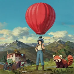 weather airballoon red, andes mountains, woman! with flying helmet, zombie munk, red panda!, girl!, monastery in the style of gritty graphic poster, ghibli