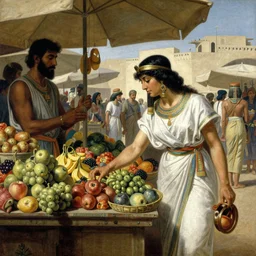 a detailed painting a woman at an ancient egyptian market buying fruit from a merchant, painting by gaston bussiere, craig mullins, j. c. leyendecker