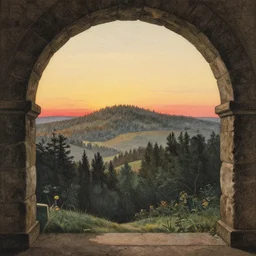 beautiful rotogravure drawing of distant forest on hills in the sunset behind the stone arc on the foreground, by gustave dore