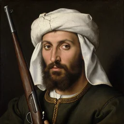 jan van eyck painting of bedouin man with rifle, beard, close up, northern renaissance portrait, cracking paint on canvas,