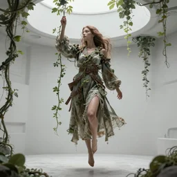 a very detailed digital image of a future woman floating and dangling by vines in a matte white chamber, by Andrew Chiampo, artstation, and Frederik Heyman, extraordinarily detailed woman, stunning volumetric lighting, hyperrealism. fantasy 4k