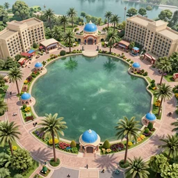 sky view of an artificial lake with palm trees, shops and hotels with small blue domes and paths built around it, hyperdetailed, artstation, cgsociety, 8 k