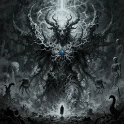 Behold the creation Of future God Awareness of coldest form To process is to exist Behold the creation Of future God, surrealistic dark fantasy art in the style of Dan Mumford and Zdzisław Beksiński, death metal artwork, trending on artstationhq