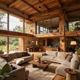 Peaceful wooden mansion, unreal engine 5 tech demo, zillow interior, living room, cozy, Frank Lloyd Wright
