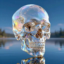 a giant clear crystal skull, floating high above a relective lake, hyper realistic, coherent design, symmetrical, vivid color, complementary color, golden ratio, detailed, sharp lines, intricate, rainbowshift, in unreal engine, nvidia optix, octane render