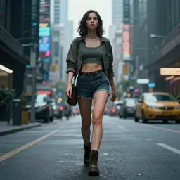 a beautiful woman walking through a cyberpunk city, full body, realistic, highly detailed, science fiction portrait by laura sava