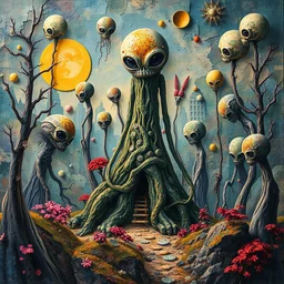 a beautiful painting of a naturaleza alieniegena y extranas figuras, todo hecho con papel de pinata, mandala, grunge textures con explosion of color, simon stalenhag, gediminas pranckevicius