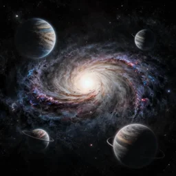 a vast galaxy, five planets, intricate, fantasy, highly detailed, digital painting, concept art, sharp focus, illustration, beautiful volumetric lighting, deep dark, artstation, Profound and vast, black