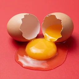 A BROKEN EGG. but THE YOLK ON THE TABLE IS AN EYEBALLO. RED BACKGROUND