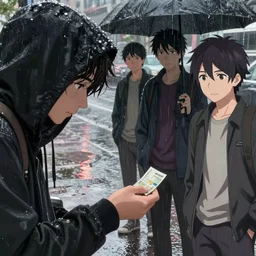 homeless person asking ron desantis for money by wlop, kiyohara tama, krenz cushart, masamune shirow, makoto shinkai. rainy weather. featured on pixiv, anime aesthetic, pixiv, anime, warm aesthetic, cold tones, artstation, vanitas, official art, gothic, noise film photo. detailed face